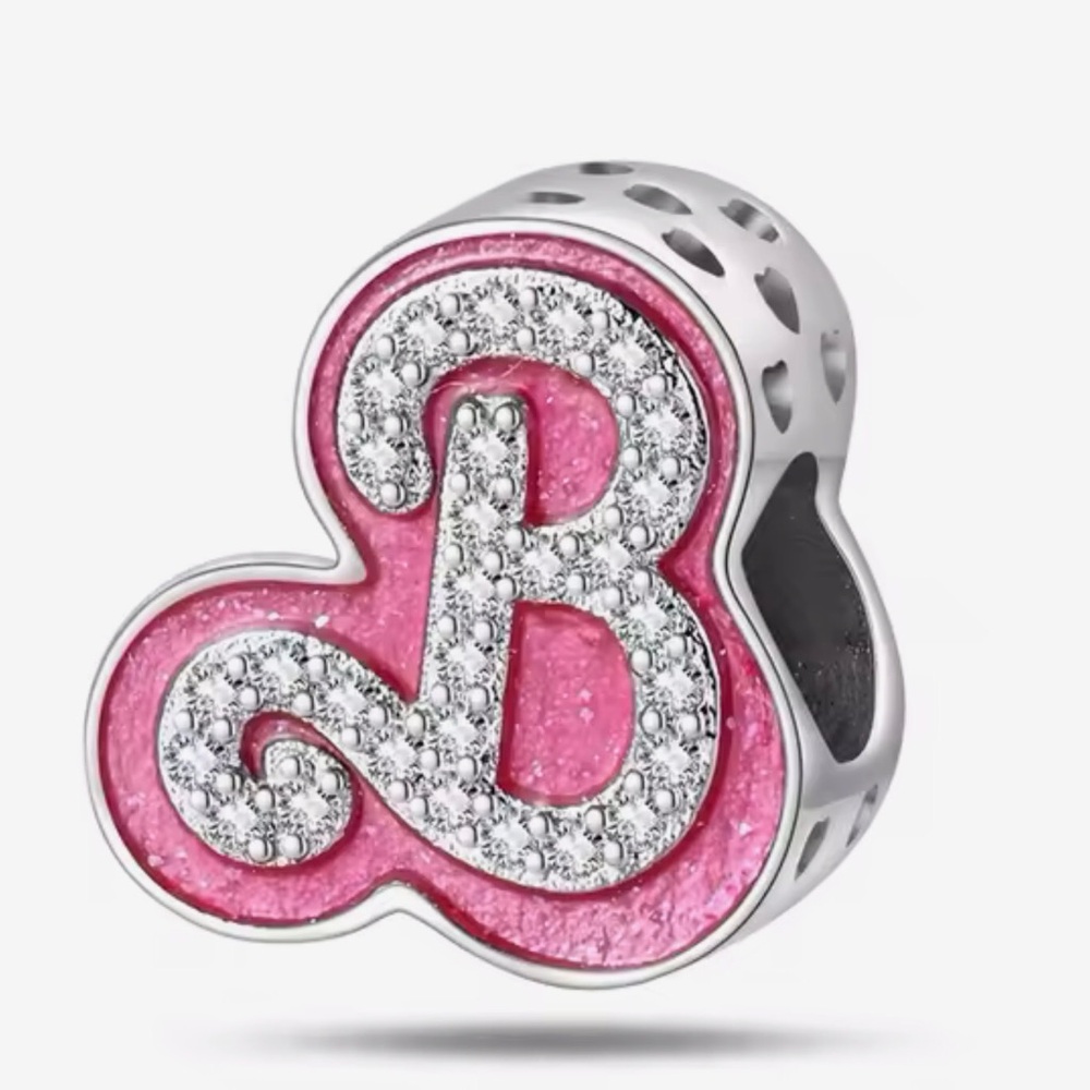 Bracelet Charm for Pandora Pink Barbie B with Rhinestones Sterling Silver - Picture 2 of 8